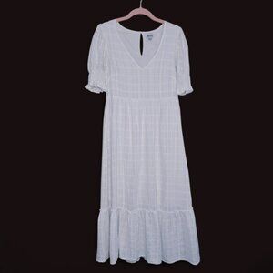 Rhythm Chloe Womens White Cotton Tiered Midi Dress XS Puff Short Sleeves v neck